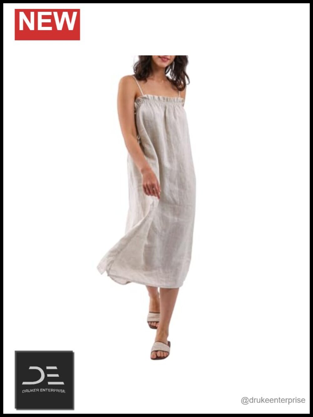 100% Linen Summer Midi Beach Dress Adjustable Cami Slit